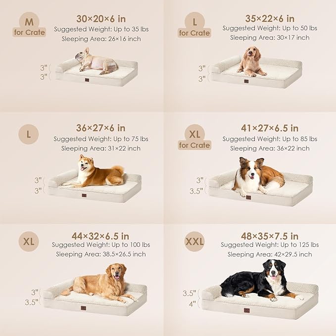 EHEYCIGA Large Dog Bed Memory Foam for Crate, Orthopedic Dog Bed Large Size Dogs with Washable Removable Cover, Waterproof Pet Sofa Couch with Nonskid Bottom, 35x22x6, Beige | Small Dog Sofa with Washable Removable Cover, Waterproof Pet Couch for Crate...