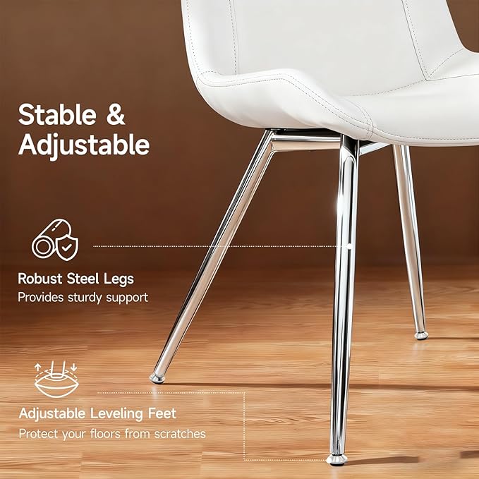 Brage Living Dining Chairs Set of 2, PU Leather Modern Armless Kitchen Dining Room Chairs, Upholstered Accent Side Chairs with Metal Legs (White with Silver Legs)