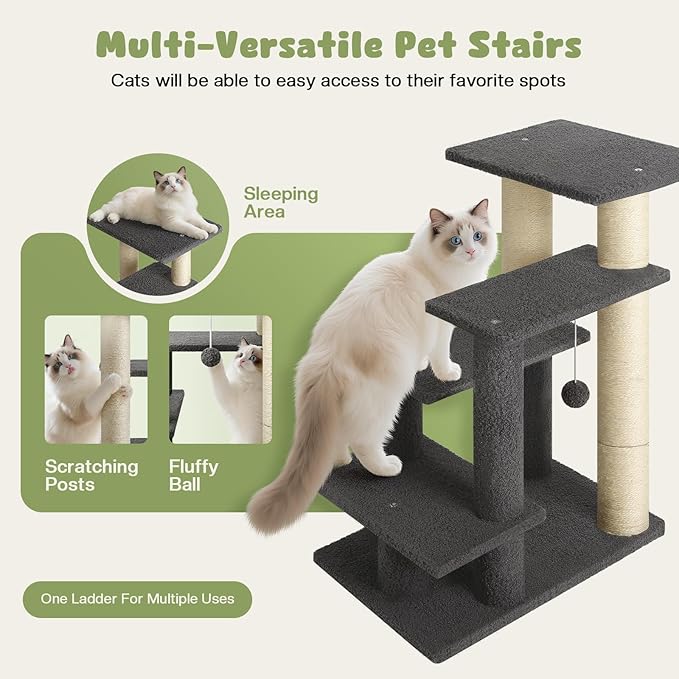 4-Step Pet Steps for Cats/Dogs, Cat Stairs with Sisal Scratching Post, Cat Steps for Older Cats with Enlarge Perch, Pet Stairs for High Bed and Couch, Gray