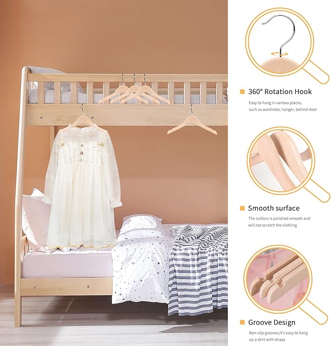 Nature Smile 20 Pack Unfinished/Natural Kids Baby Children Toddler Wooden Shirt Dress Coat Hangers with No Painting - 360°Stronger Anti-Rust Chrome Swivel Hook - Extra Smoothly Cut Notches