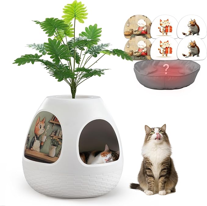 Copod8 Cat Cave, 3-in-1 Kitty House Condo with Plant, Cat Cushioned Bed, Cat Scratchers, Modern Cat Pet Furniture for Indoor, Kitty Hiding Spot (White, M)