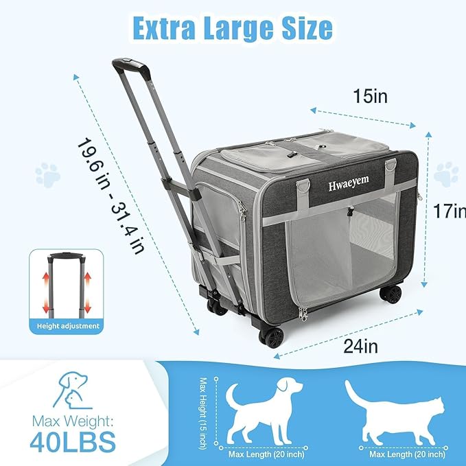 Extra Large Cat Carrier for 2 Cats with Wheels, 24" X 15" X 17" Dual-Compartment Cat Car Travel Carrier, Breathable Rolling Dog Carriers for Small Dogs with Zipper Locks, Light Gray