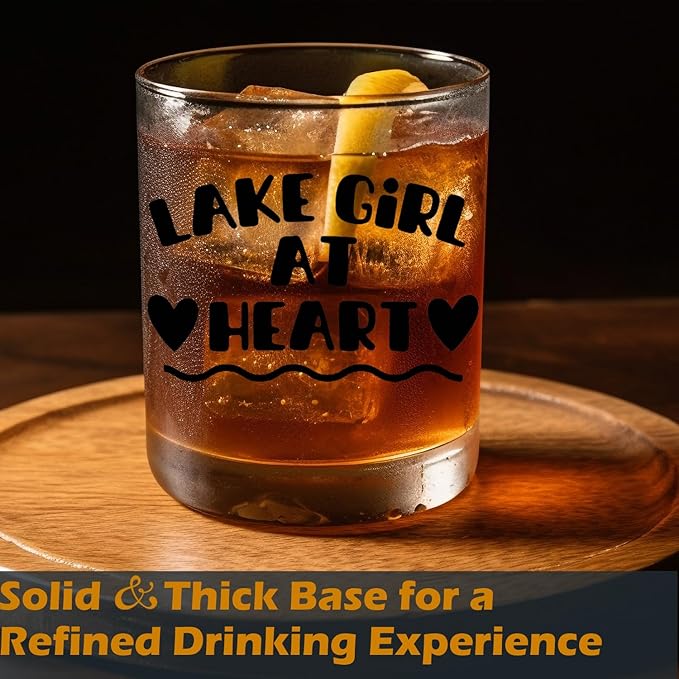 Lake Lovers Gifts Old Fashioned Whiskey Glasses, Lake Gifts for Women, Lakes Girl at Heart 10 oz Rocks Barware Cup for Cocktail Drinks Scotch Bourbon Liquor