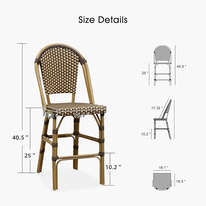 PURPLE LEAF French Counter Height Bar Stool Set of 2 25" Bamboo Print Finish Patio Bar Chairs with Back Rattan Bar Chairs French Bistro Set for Kitchen Outdoor Counter Stool Brown