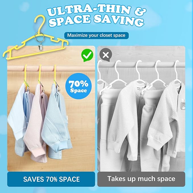 Baby Hangers with Metal Ring Clips, Children Plastic Hanger for Kids Pants Clothes Closet, 20 Pack, Yellow