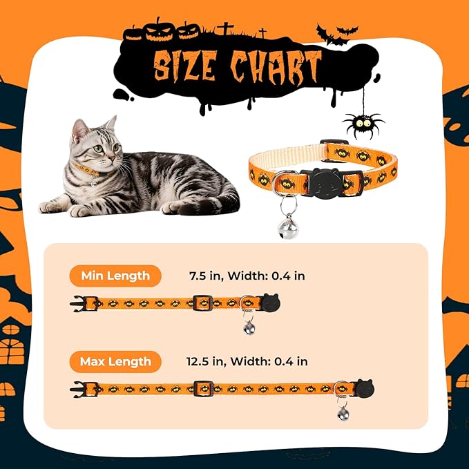 Halloween Cat Collar with Bell, Adjustable Comfortable Kitten Halloween Collar Breakaway, Spider Patterns Safety Holiday Cat Collars for Boys Girls,Kitten,Puppy Orange (7.5"-12.5")