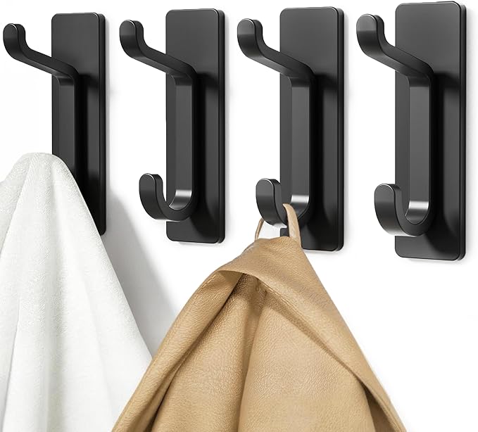 Wall Hooks for Coat and Towel: 13LB Adhesive Door Hanger Stick on, Black 4 Pack