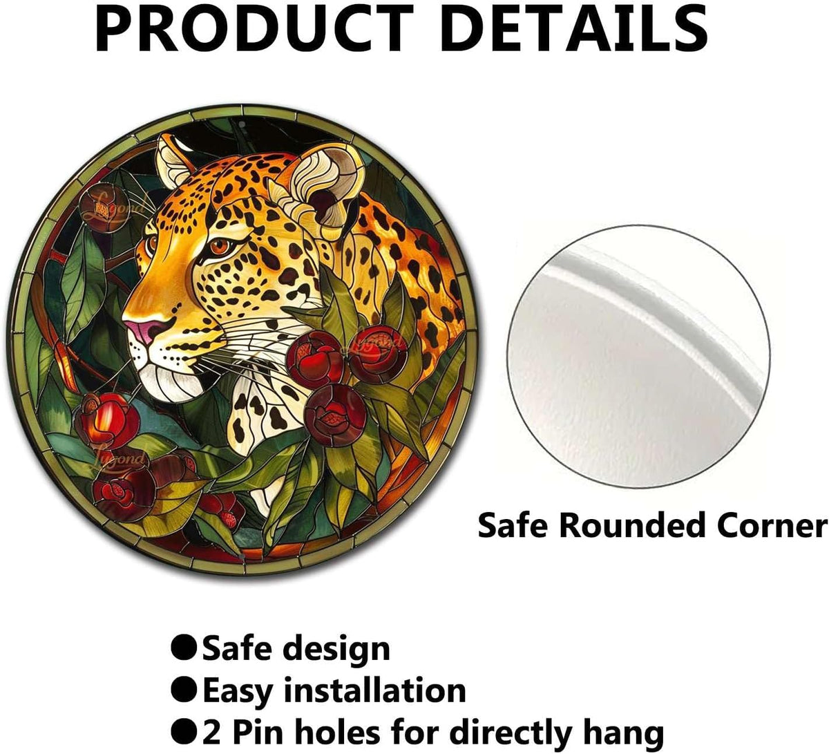 Lygond Metal Sign Tin Sign Circular Stained Glass Leopard Metal Garden Signs For Pet 8×8 Inches