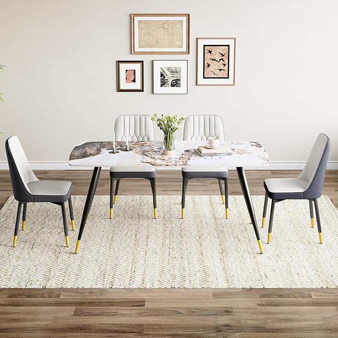 Modern Dining Table Set for 4, 62'' Sintered Stone Table, 4 Chairs, Easy to Assemble