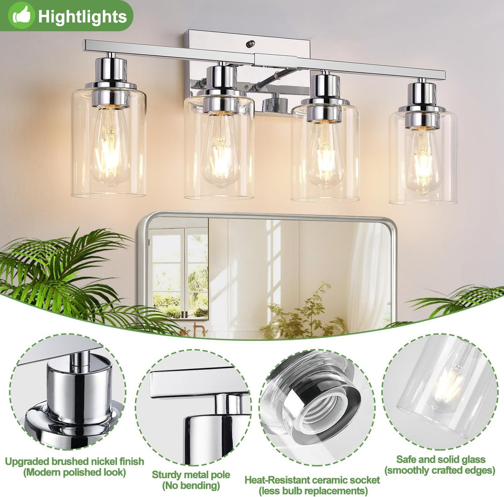 4 Light Bathroom Light Fixtures, Chrome Vanity Lights with Clear Glass Shades, Modern Bathroom Light Fixtures Over Mirror, Modern Bathroom Wall Lamp for Mirror Living Room Cabinet