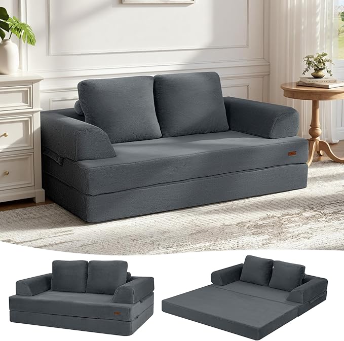 COMAX Convertible Sofa Bed, Folding Floor Couch Fold Out Couch Bed Futon Sleeper Mattress with Pillows, Boneless Sofa Comfy Lounge Loveseat for Living Room Bedroom, Faux Fur Dark Grey