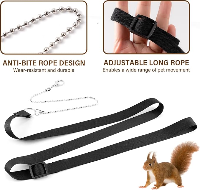 3Pcs Rat Harness and Leash, Small Animal Training Walking Vest Leash Adjustable Traction Rope Strap for Squirrel Gerbil Chinchilla Rat (Black)
