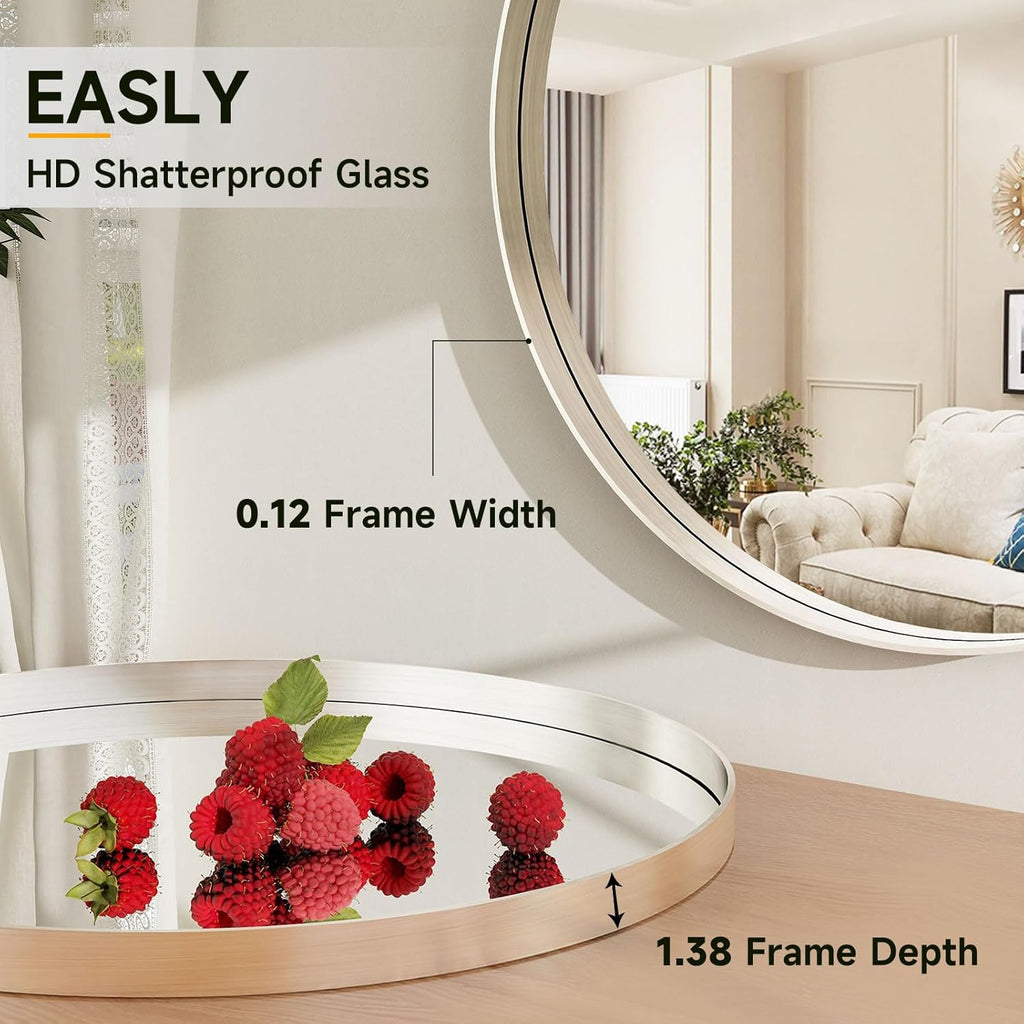 24 Inch Round Bathroom Mirror - Wall Mounted Circle Mirror with Metal Frame, Modern Mirror Suitable for Bathroom, Vanity, Entryway, Living Room, Wall Decor,Silver