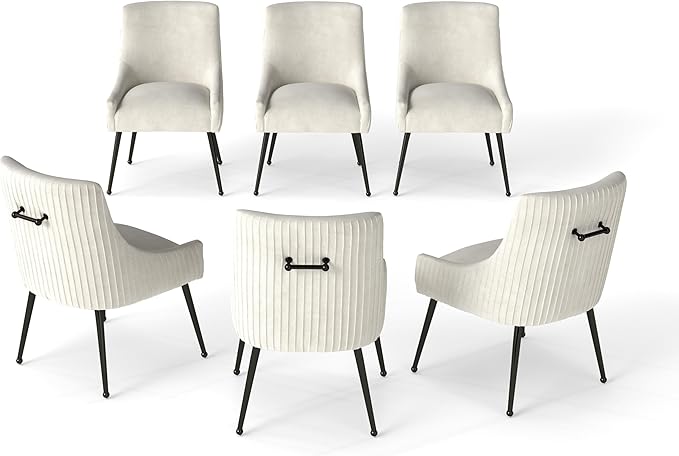 Velvet Dining Chairs Set of 6,Beige Upholstered Living Room Chairs with Black Metal Legs, Modern Tufted Accent Chairs for Living Room, Study Room, Kitchen