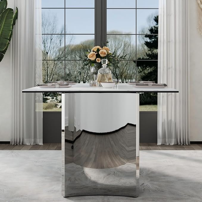 Asday 78-Inch Sintered Stone Rectangular Dining Table, Large Kitchen Table with Chrome Triangle Stainless Steel Double Pedestal for Living Room, Kitchen, Dining Room, White and Silver