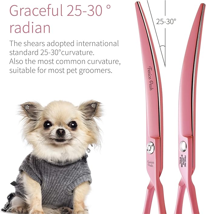 Fenice Peak Curved Dog Grooming Scissors with Pink Color Coating 440C Stainless Steel Pet Grooming Bending Shears Sharp and Durable Comfortable Engonomic Handle