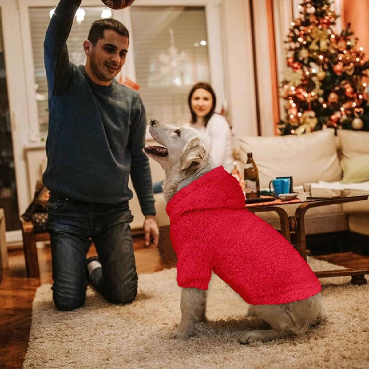 Fuzzy Dog Sweaters for Large Dogs Pet Hoodie Clothes Warm Soft Pet Coats Hooded Sweatshirt Dog Sweaters for Extra Large Dogs(Red-XXL)
