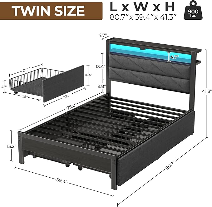 Seventable Twin Bed Frame with 4 Storage Drawers, Charging Station & LED Lights, Upholstered Headboard with 2-Tier Shelves, Metal Platform Bed, No Box Spring Needed, Noise-Free, Grey