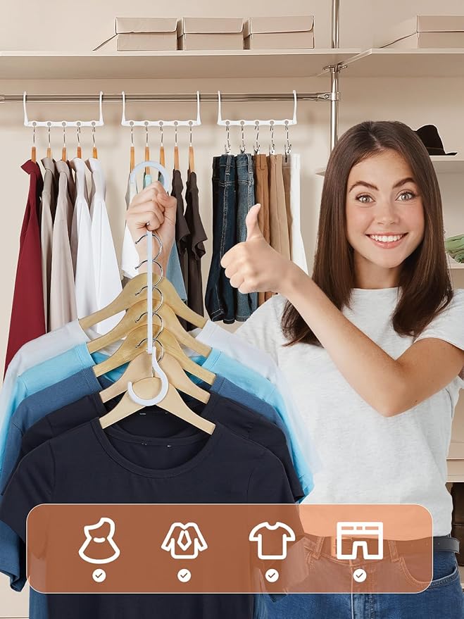 HOUSE DAY Closet Organizers and Storage, Magic Hangers Space Saving Clothes Hangers, Pack of 8 Sturdy Plastic Hangers with 5 Holes for Wardrobe Closet Organization, College Dorm Room Essentials