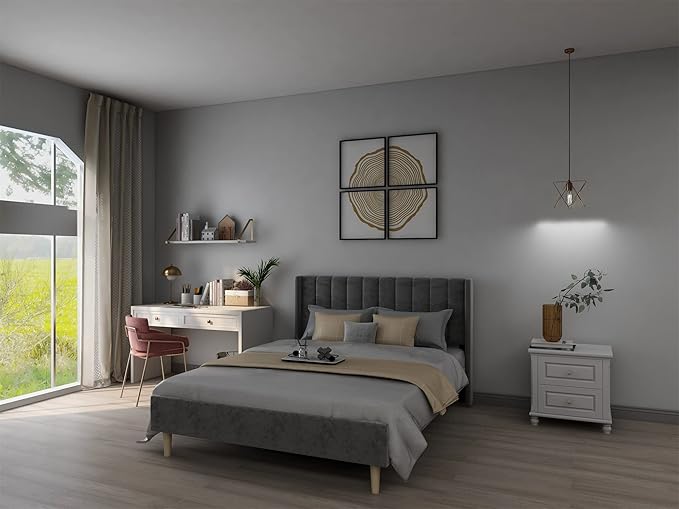 Low Profile Upholstered Platform Bed,Full Beds with Dark-Grey(Velvet)