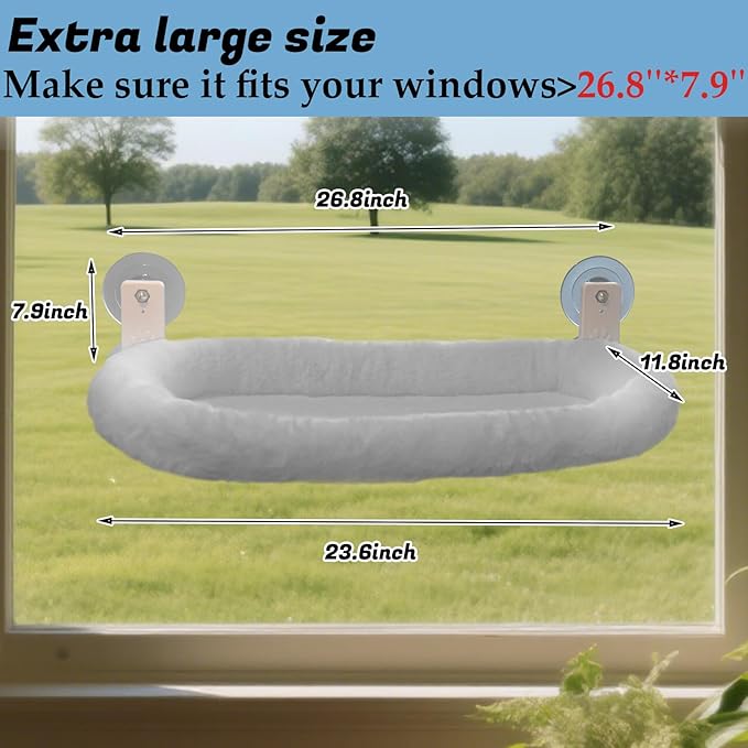 Extra Large Cat Window Perch (23.8×11.8in) - Washable 2-Season Fabric Cover, 4 Strong Suction Cups, Solid Metal Frame - Foldable Cat Hammock for Large Cats/2 Cats, Cordless Design (Grey)