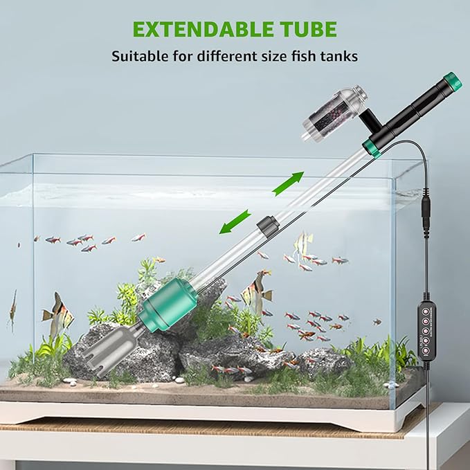 Electric Aquarium Vacuum Gravel Cleaner: 24W Fish Tank Vacuum Gravel Cleaner with Strong Suction for Automatic Water Change Algae Remover Sand Wash Water Shower and Water Circulation, Timed Off