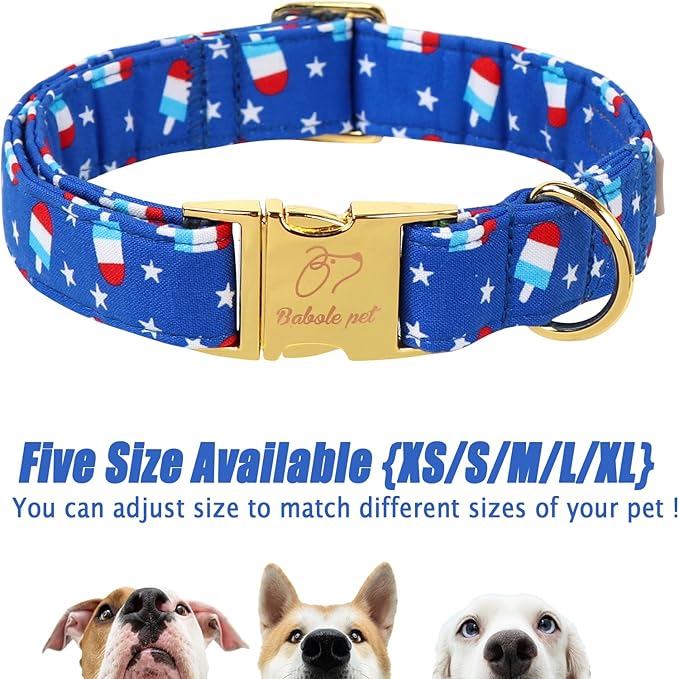 4th of July Dog Collar, Blue Flag Popsicle Patriotic Pet Collar with Metal Buckel, Adjustable Summer Holiday Dog Collars for Small Medium Large Dogs L