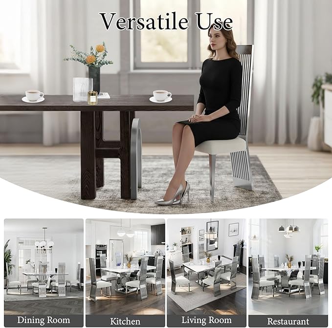 Modern Dining Chairs Set of 6, White Boucle Dining Room Chairs with Silver Polished Stainless Steel Legs, Upholstered Chairs with High Back and Metal Legs for Kitchen/Living Room/Restaurant