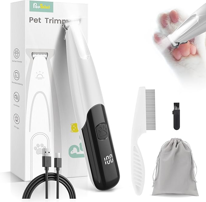 Dog Paw Trimmer with LED Light, 35dB Low Noise Paw Trimmers for Dog's Feet, 2 Speed Safety Electric Dog Clippers for Grooming, Rechargeable Cat Shaver for Paws, Ears, Face, Rump