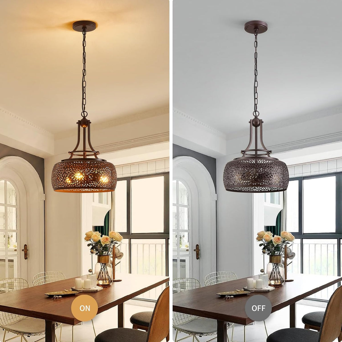 WUZUPS Chandelier Rustic Farmhouse Industrial Round Ceiling Pendant LED Light Fixture with Later-Cut Openwork Drum Shade, H 15.7" x W 13.4", Oil Rubbed Bronze
