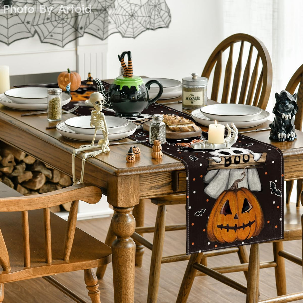 Artoid Mode Polka Dot Ghost Pumpkin Cat Boo Halloween Table Runner, Bat Seasonal Fall Kitchen Dining Table Decoration for Home Party Decor 13x60 Inch