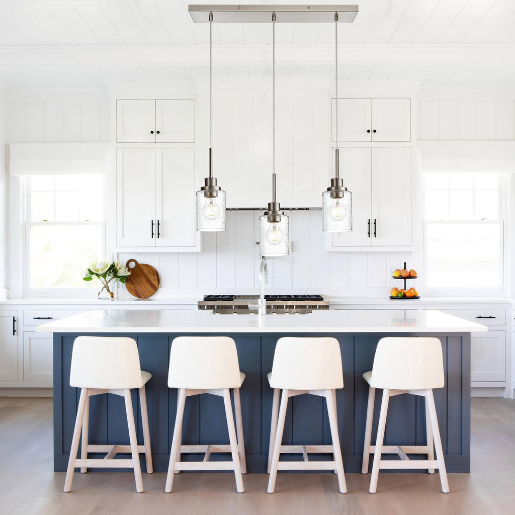 3-Light Farmhouse Chandelier Light Fixture Brushed Nickel Clear Seeded Glass Dining Room Hanging Modern Pendant Lighting Over Table,Traditional Ceiling Lights for Kitchen Island Entryway