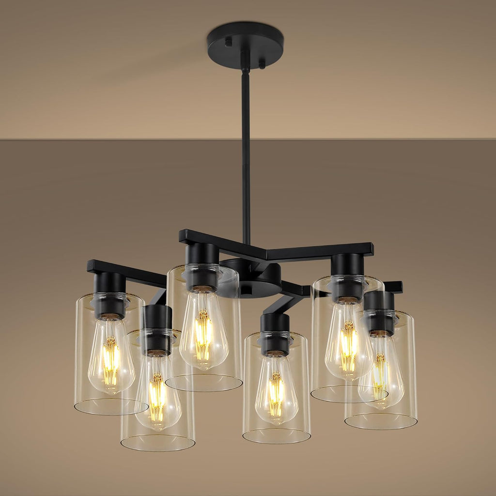 6-Light Black Modern Farmhouse Chandelier for Dining Room Ceiling Light Fixture with Clear Glass Shades, Adjustable Hanging Industrial Pendant Lighting for Living Room Kitchen Island Bedroom Entryway