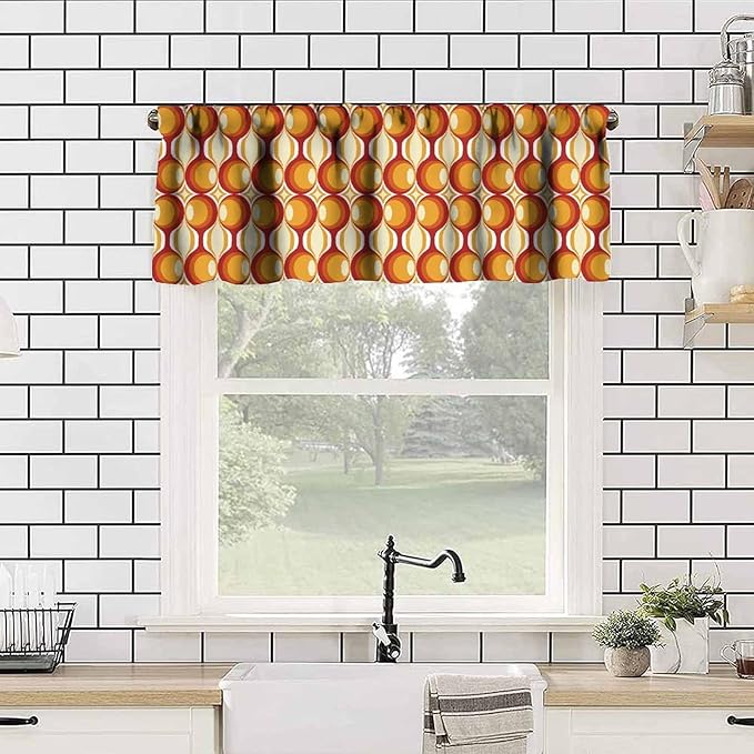 Retro Geometric Pattern Valance Curtains, Vintage 1970S Groovy Bauhaus Mid Century Modern Window Curtain Valance for Bedroom Living Room Kitchen 54x18inch