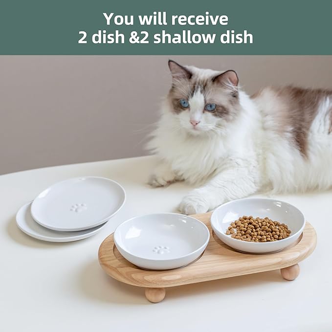 Raised Ceramic Wide Whisker Friendly Cat Dishes, Food& Water Bowl with 2 Style Stand Adjustable Raised Pet Bowl Set(2Dish+2Shallow Dish+Stand, White