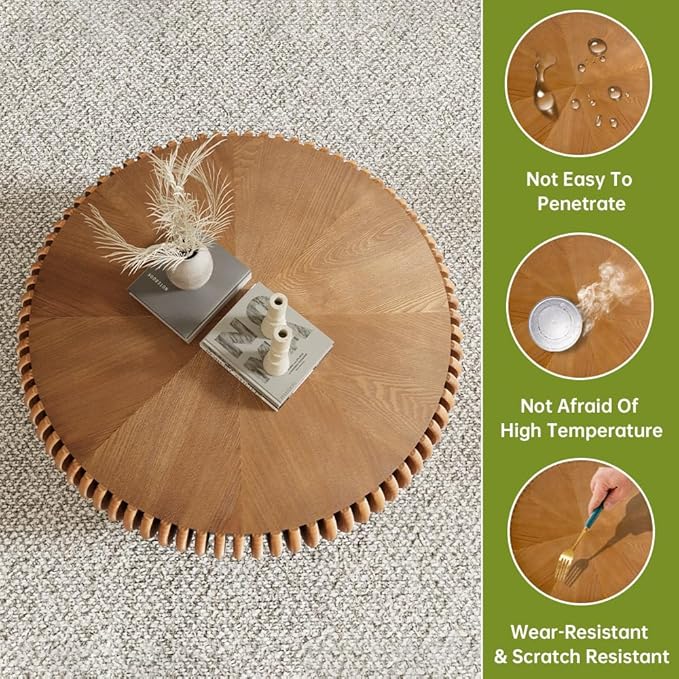 Brown Round Coffee Table for Living Room Round Fluted Drum Coffee Table Modern Fluted Coffee Tables for Living Room (Brown, 31.4 inch)