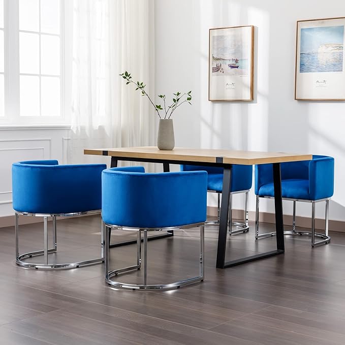 Velvet Dining Chair Set: Modern Barrel Arm Chairs - Chrome Metal Frame, Upholstered Accent Chairs (18.5" W) for Dining & Living Room, blue