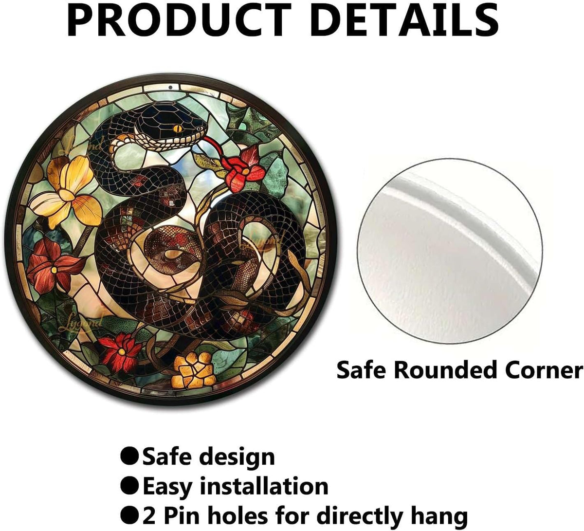 Lygond Metal Sign Tin Sign Circular Stained Glass Snake Gardening Sign for Gift 12×12 Inches