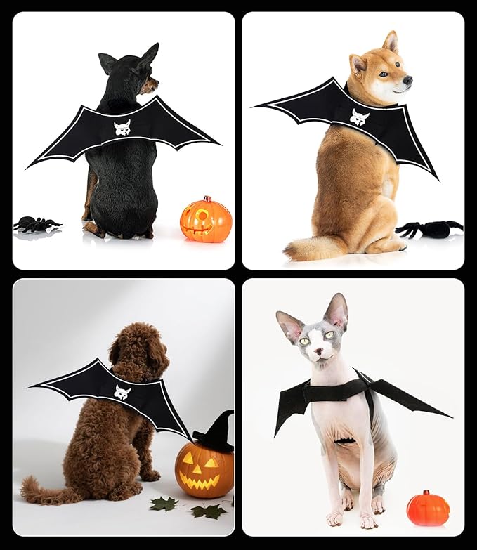 Glow in The Dark Bat Wings Pet Costume, Cat Bat Wings for Halloween Party Decoration, Light Up Pet Collar Leads Cosplay Bat Costume, Cute Puppy Cat Dog Dress Up Accessories ﻿
