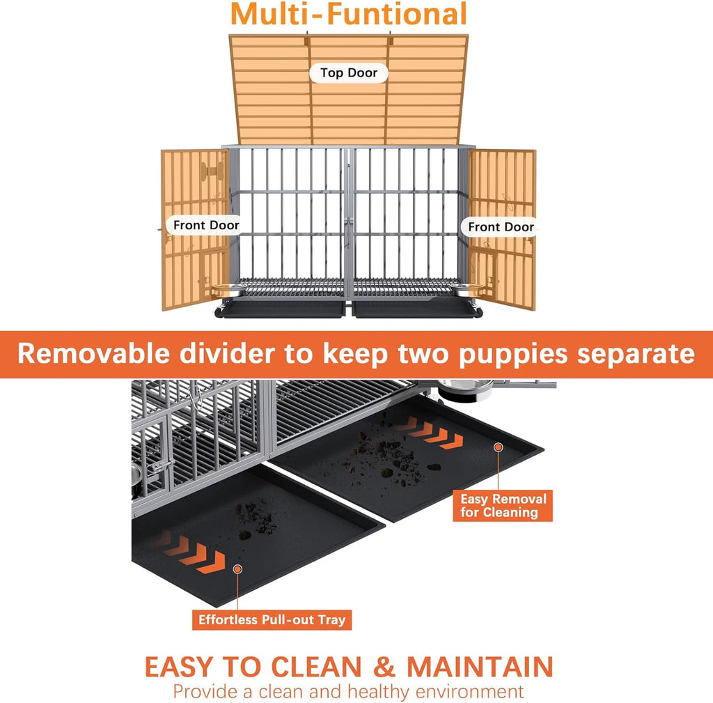 aboxoo 42/48 inch Heavy Duty Metal Dog Crate for 2 Dogs/Large Dog,All Metal Open Top,Dog Kennel Indoor with Wheels,Floor Grid, Tray, Divider and Feeding Bowl (Sliver)
