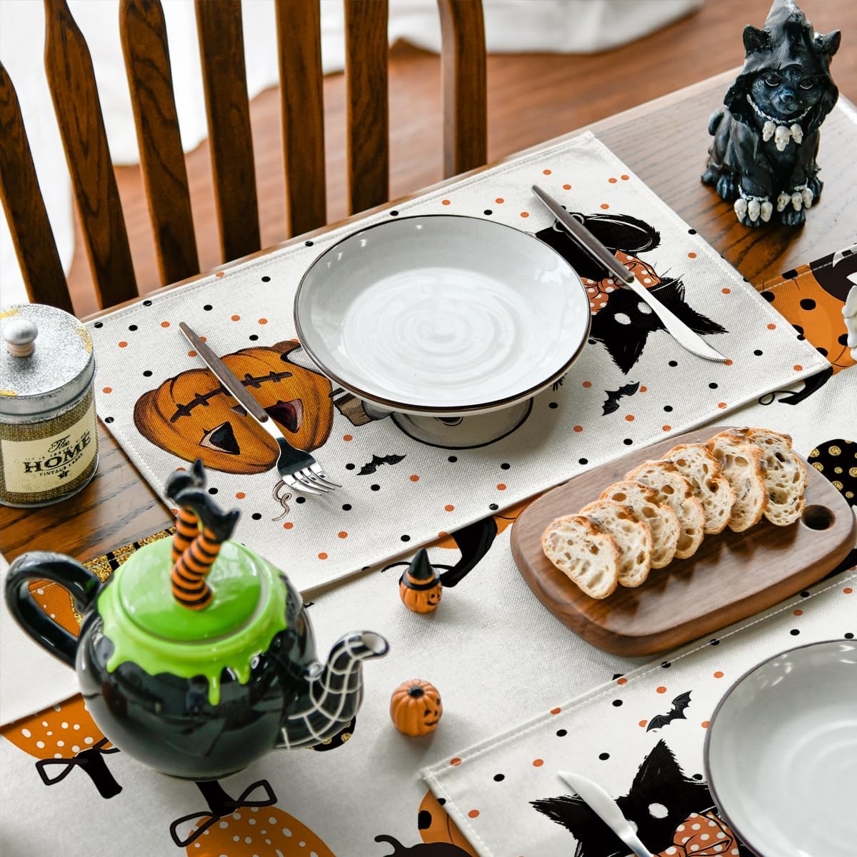 Artoid Mode Beige Polka Dot Ghost Pumpkin Cat Boo Halloween Placemats Set of 4, 12x18 Inch Seasonal Table Mats for Party Kitchen Dining Decoration