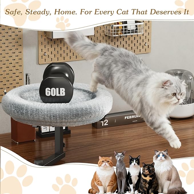 Cat Bed for Desk with Adjustable Height & 360 Rotation Elevated, Heavy-Duty Cat Desk Bed for Small Space, Soft & Comfortable Modern Unique Kitten Furniture, Indoor Cats Up to 60 lbs (Gray)