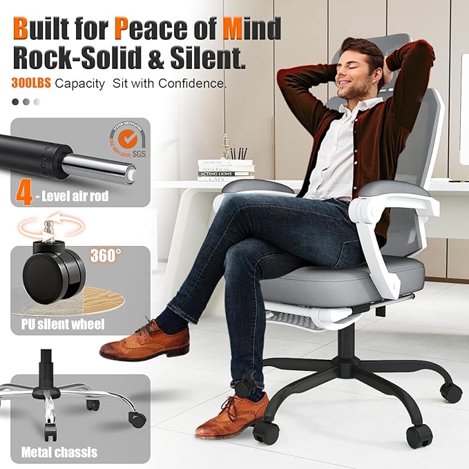 Ergonomic Office Chair with Footrest, High Back Swivel Mesh Desk Chair, Big and Tall Rolling Computer Chair with Headrest, Lumbar Support, 3-Level Tilt Backrest for Home, Bedroom, Work