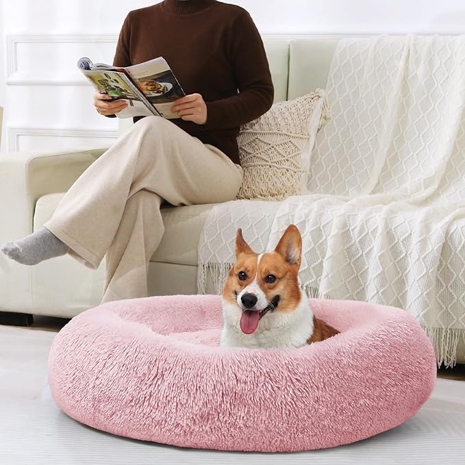 JOLLYVOGUE Dog & Cat Bed, Calming Anti-Anxiety Pet Bed for Small Dogs, Fluffy Donut Cushion for Small and Medium Pets (20")