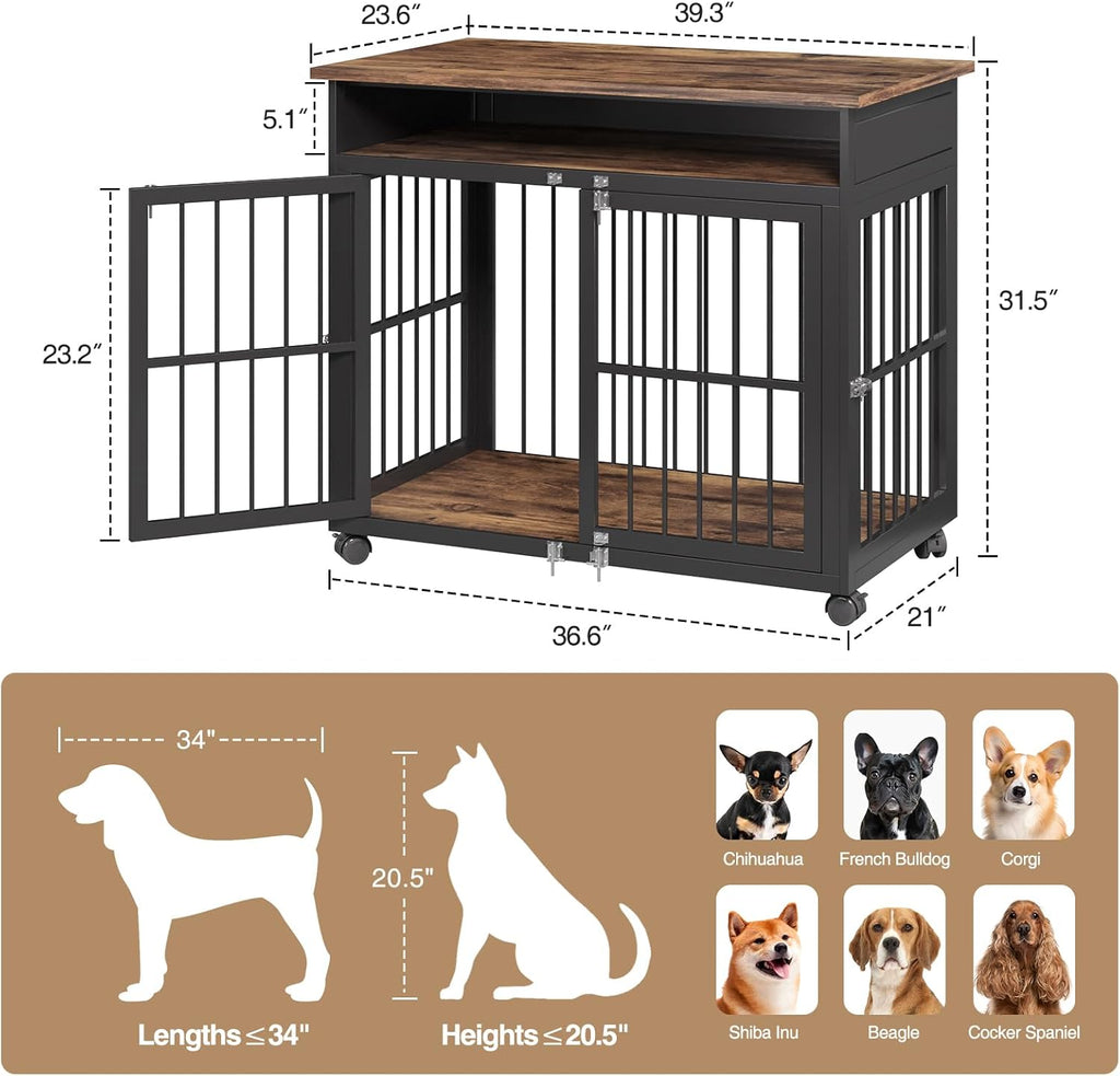 39.4" Dog Crate Furniture for Medium and Large Breed, Dog Kennel Furniture with Storage Shelf & Lockable Wheels, Heavy Duty Wooden End Side Table Pet Cage Indoor, Chew-Resistant, Brown