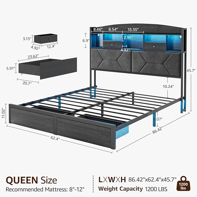 Queen Size Black Bed Frame with 4 Storage, Upholstered Velvet Platform Bed Frames with Button Tufted Headboard Led Lights, Wooden Slats Support, No Box Spring Needed, Black