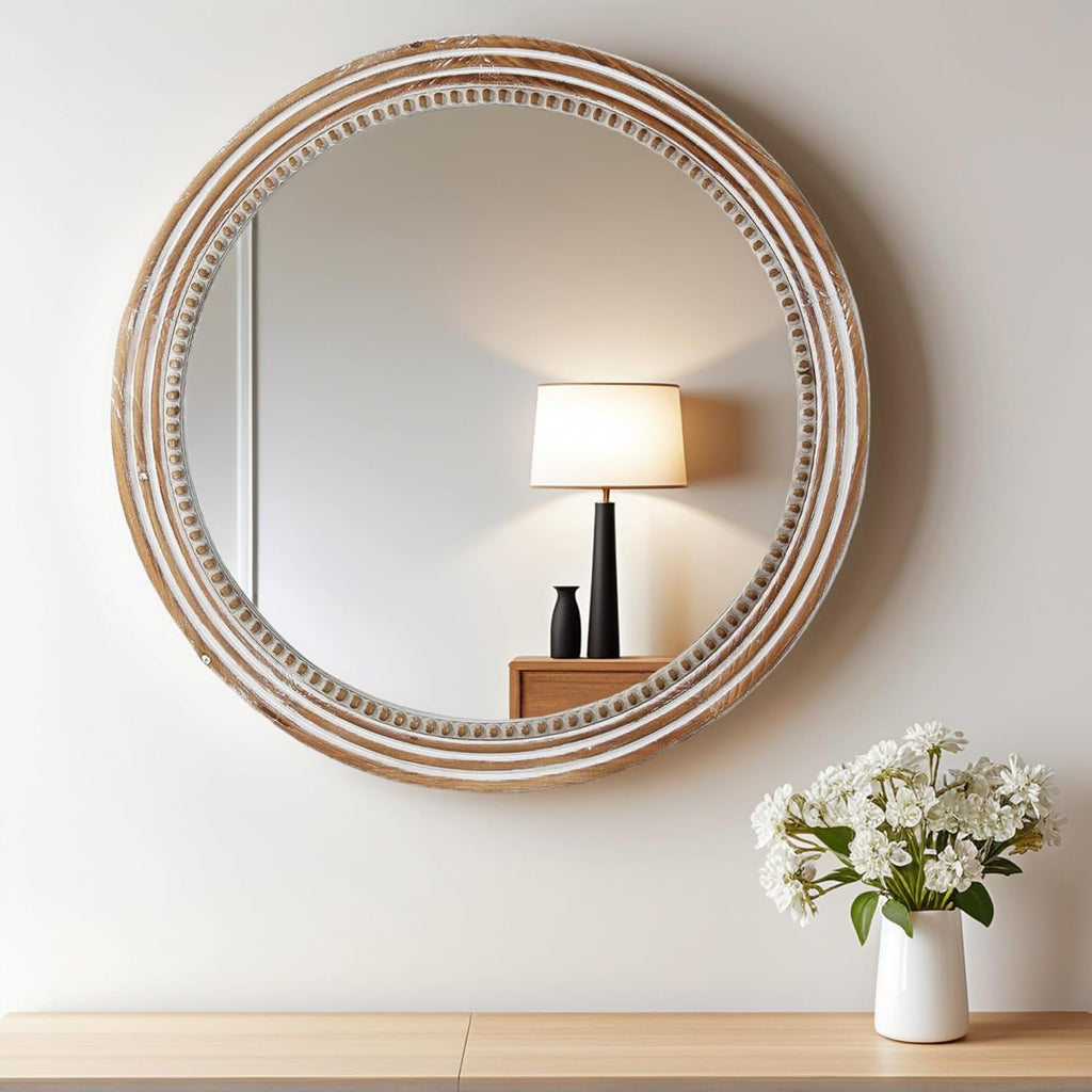 24 Inch Rustic Round Mirror - Farmhouse Vintage Bathroom Vanity Mirror, Wall-Mounted Round Mirrors for Bathroom Sink, Bedroom & Living Room and Framed Decorative Restroom Mirror