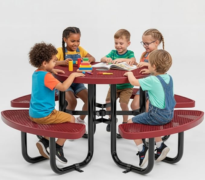 Metal Picnic Tables for Outdoors with Umbrella Hole - Coated Steel Heavy Duty Commercial Grade Furniture Set with Adjustable Seats (Red, 38 in, Round, Expanded Steel)