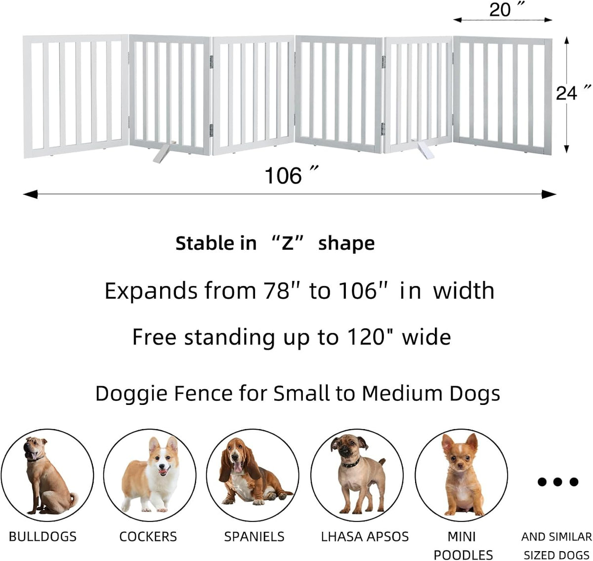 ZJSF Freestanding Indoor Dog Gate for House Foldable Wood White Puppy Gate for Doorways Pet Gate for Stairs Extra Wide Pet Fence 24" Height 6 Panels