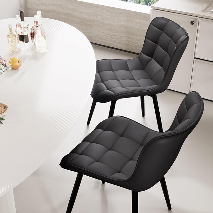 YOUTASTE All Black Dining Chairs Set of 2, Faux Leather Upholstered Armless Chairs with Back and Metal Legs, Mid Century Modern Kitchen Chairs for Living Room, Vanity, or Guest Reception Room